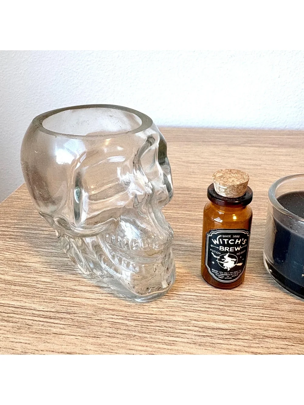 Halloween Gothic Decor Bundle Glass Skull Planter Witch’s Brew Black Candle